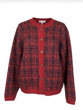 Mohair Blend  Classic Red Plaid Button-Front Edinburgh Cardigan Great Britain  L